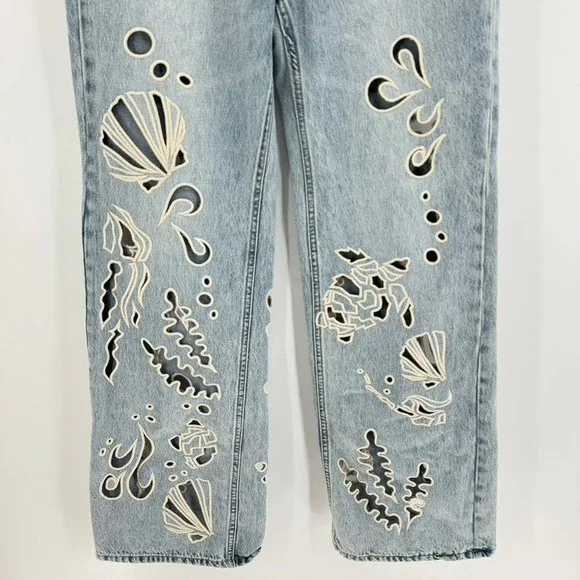 BDG Light Blue Flare Jeans with Artistic Patterns - Picture 5 of 15
